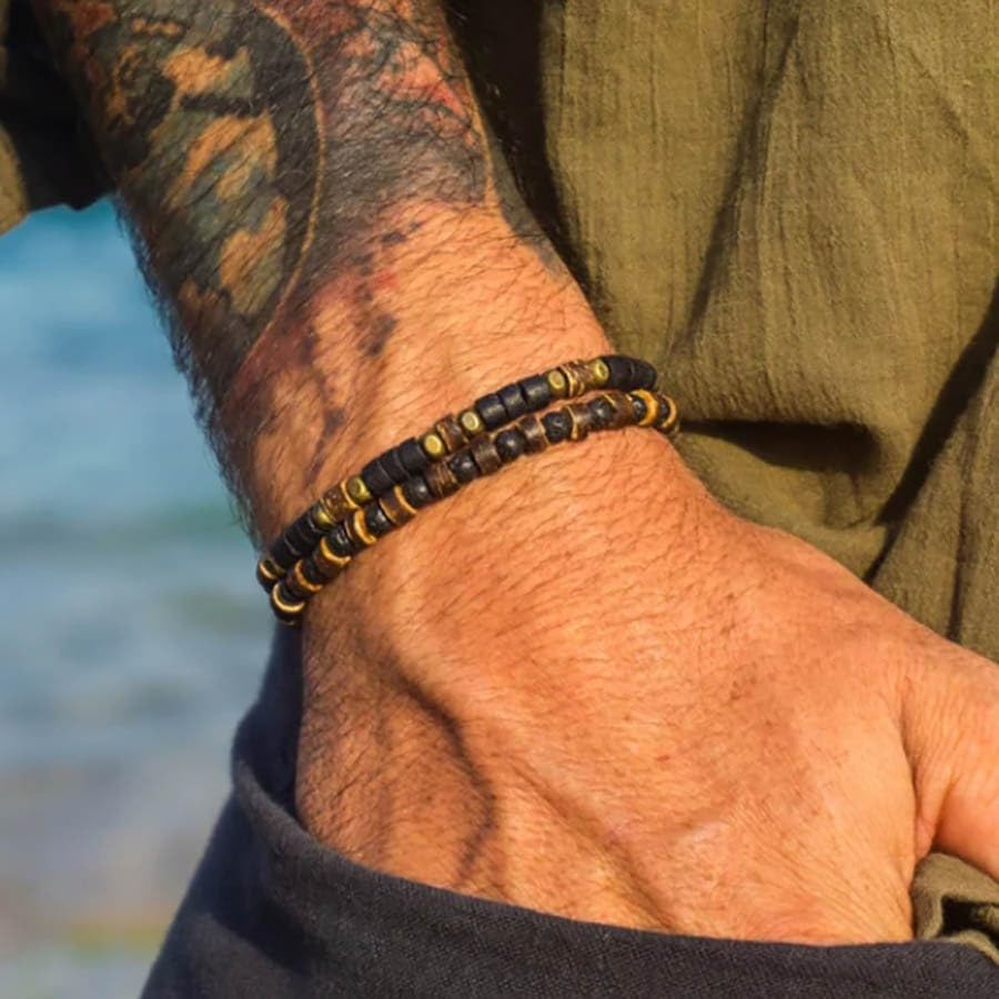Puka Shell Bracelet for Men Wooden Bracelets Turquoise Stack Beaded Minimalist Trendy Jewelry for Friend Gift - style: 2pcs-Brown Black