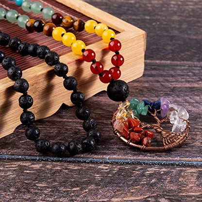 Bivei 108 Mala Beads Necklace Life Tree 7 Chakra Wrap Bracelet Real Healing Gemstone Yoga Meditation Hand Knotted Mala Prayer Bead Necklace - color: Lava Rock Stone, size: 6mm