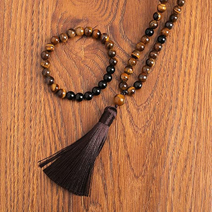 108 Mala Prayer Beads Necklace 8mm Natural Stones Meditation Yoga Jewelry Sets 108 Hand Made Japa Mala Beaded Long Tassel Necklace with Tassel Pendant for Men and Women - color: Yellow Tiger Eye+Black Onyx