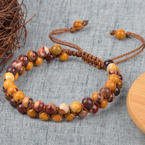 MASSIVE BEADS Double Layer Natural Chakra Healing Power Crystals Macrame Bracelet Yoga Stone Beads Gemstone Meditation Relax Anxiety Bangle for Unisex Women Men - color: Mookaite Jasper, size: 4mm