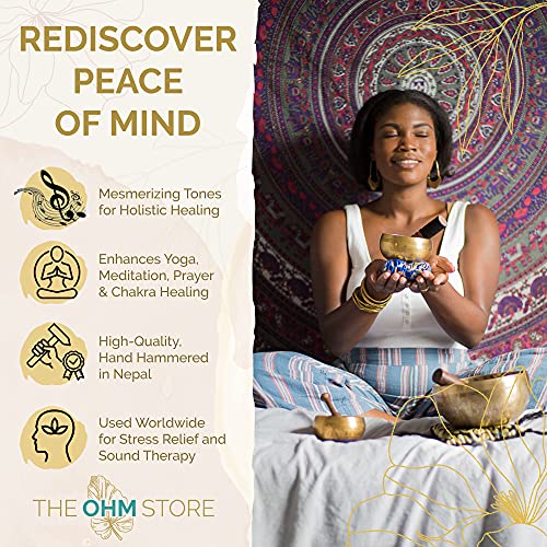 Ohm Store Tibetan Singing Bowl Set - Authentic Handcrafted Meditation Bowl for Mindfulness, Relaxation and Stress Relief - Mantra Sound Bowl for Yoga, Reiki, ASMR, Mindfulness, and Daily Self-Care - size: 4 Inch Singing Bowl
