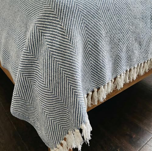 Bed Blanket, Lightweight, Cotton-Rich Blend, Recycled Cotton, Twin Size (57 x 79 Inch), Textured Woven Bedding, Breathable Layering Cover, Navy Blue - color: Navy Blue, size: Twin