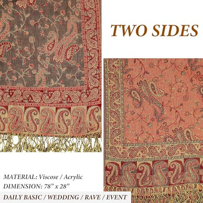 Achillea Reversible Paisley Pashmina Rave Scarf – Exotic Indian Shawls and Wraps for Evening Dresses, Festivals, All Seasons - color: Olive Burgundy