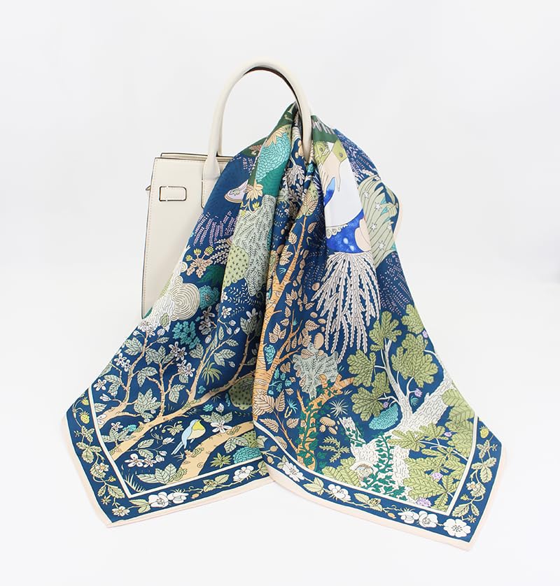 100% Pure Mulberry Silk Scarf 35" Large Square Lightweight Headscarf –Women’s Hair Wraps-With Gift Packed - color: Green&blue