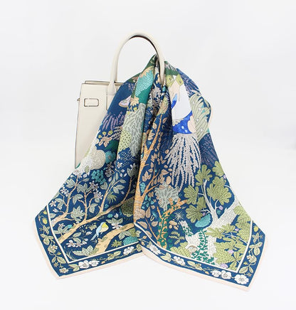 100% Pure Mulberry Silk Scarf 35" Large Square Lightweight Headscarf –Women’s Hair Wraps-With Gift Packed - color: Green&blue
