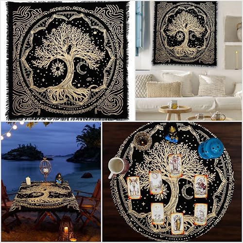 Indian Consigners Tree of Life Altar Cloth Tapestry Tablecloth Celtic Trees Ritual Spiritual Cloth for Sacred Places, Cotton Square Tarot Table Cover 24 by 24 Sacred - color: Golden Sun Moon Tree, size: 24" x 24" (Square)