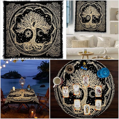 Indian Consigners Tree of Life Altar Cloth Tapestry Tablecloth Celtic Trees Ritual Spiritual Cloth for Sacred Places, Cotton Square Tarot Table Cover 24 by 24 Sacred - color: Golden Sun Moon Tree, size: 24" x 24" (Square)