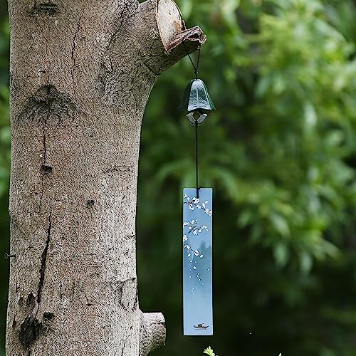 Japanese Wind Chime Cast-Iron Outdoor Ornament for Garden, Patio & Porch, Hanging Metal Wind-Bell Decoration Gift, Blessing Pendant Windchimes & PVC Wind-Catcher, Gentian Flower - Green