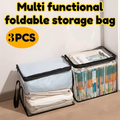 3pcs Storage Box Large Transparent - 180° Flip Cover Heavy-Duty Space-Saving Organizer for Books/Clothes/Documents (black)