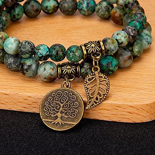 Bivei Natural Semi Precious Gemstone beads bracelet for women - Life Tree and Leaf Charm Energy Reiki Crystal Stretch Bracelets - color: African Turquoise Bracelet Set, size: Medium:6.8-7.24inch