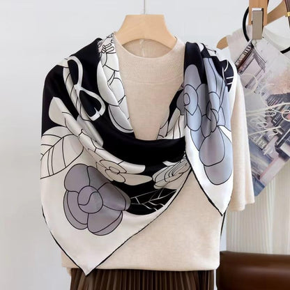 ANDANTINO 100% Silk Scarf 43" Large Square Lightweight Headscarf& Shawl–Women Hair Wraps-With Gift Packed - color: Black&white-flowers