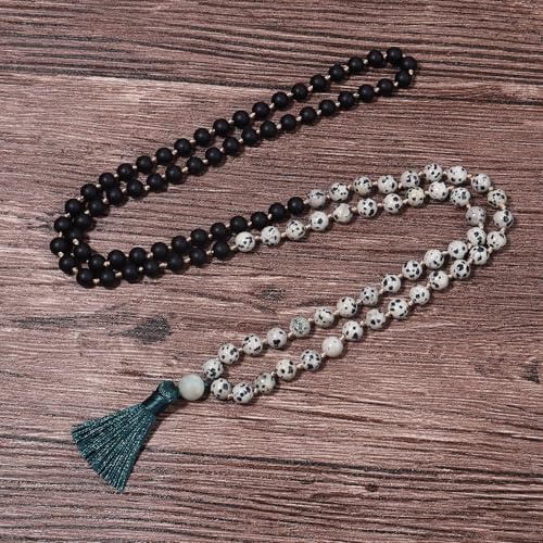 8MM Beads Chakra Long Mala Necklace Natural Stone Meditation Statement Necklace Japa Yoga Buddhist Rosary Prayer Charm Beaded Tassel Necklace - color: Spotted stone+Black Agate