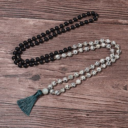 8MM Beads Chakra Long Mala Necklace Natural Stone Meditation Statement Necklace Japa Yoga Buddhist Rosary Prayer Charm Beaded Tassel Necklace - color: Spotted stone+Black Agate