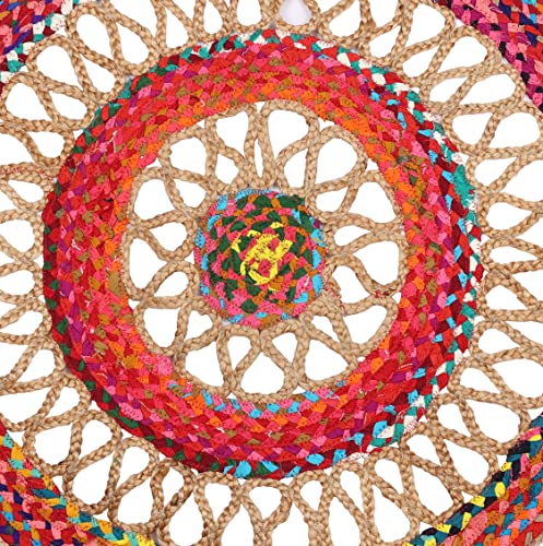 Exotic India Firecracker Hand-Crafted Upcycled Cotton and Jute Round Meditation Mat with Jali - Upcycled Cotton w