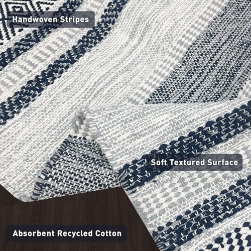 Farmhouse Rug Runner 2x6 feet Grey & Navy | Recycled Cotton Hand Woven Rug, Long Boho Rug | Perfect for Hallways, Kitchens, Bathroom, bedrooms, Meditation Yoga Mat - color: Grey-navy Blue, size: 5' x 6' (Runner)