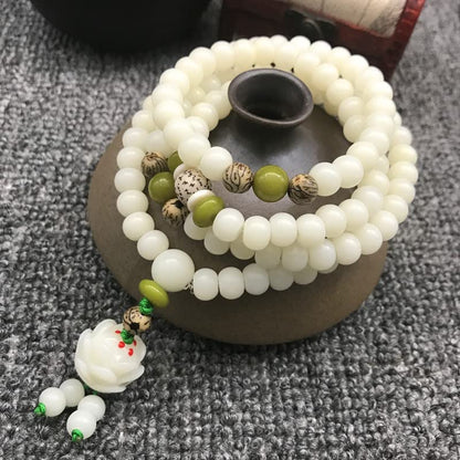 Caiyao White Jade Natural Bodhi Root Lotus bracelet 108 Mala Prayer Mantra Rosary Beads Meditation Lotus Hand String Bracelets Yoga Relieve Stress Anxiety Jewelry for Women Men - style: Long Layers