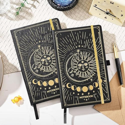 Artfan Ruled Notebook/Journal – Premium Thick Paper Classic Writing Notebook with Pocket + Page Dividers Gifts, Banded, Large, 128 Pages, Hard Cover, Lined (5.3" x 8.26") - Sun and Moon - color: BLACK17