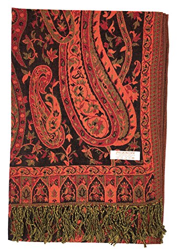 Plum Feathers Tapestry Ethnic Paisley Pattern Pashmina Shawl Scarf, Womens Pashmina Shawl Wrap with Fringes - color: Black-red Tapestry