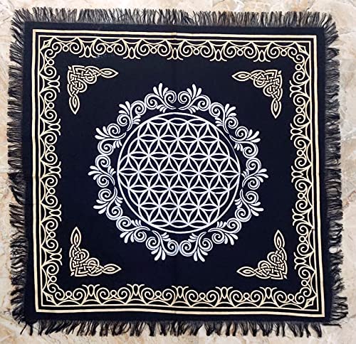 INDACORIFY Flower of Life Altar Table Top Cloth with Fringes Alter Tarot Witchcraft Spread Spiritual Sacred Cloth 18x18 in (Gold & Silver Flower of Life) - color: Gold & Silver Flower of Life