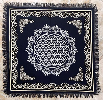 INDACORIFY Flower of Life Altar Table Top Cloth with Fringes Alter Tarot Witchcraft Spread Spiritual Sacred Cloth 18x18 in (Gold & Silver Flower of Life) - color: Gold & Silver Flower of Life