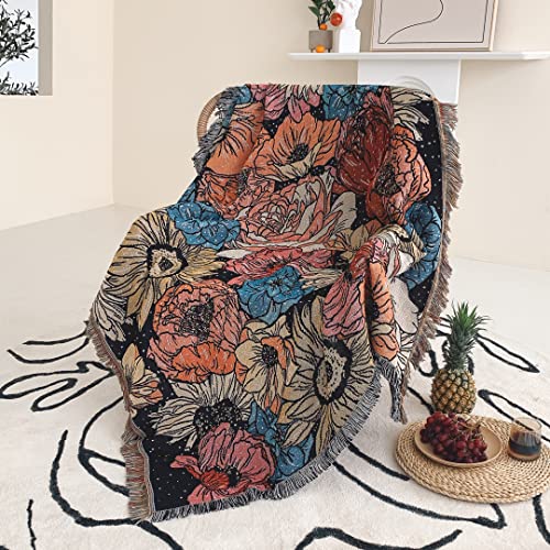 Boho Throw Blanket Reversible Cotton Bohemian Tapestry Hippie Room Decor Double Sided (Boho Flower Dark 50"x60") - color: Boho Flower Dark, size: 50*60 inch