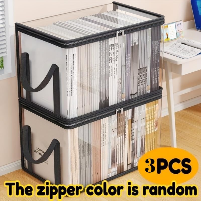 3pcs Storage Box Large Transparent - 180° Flip Cover Heavy-Duty Space-Saving Organizer for Books/Clothes/Documents (black)