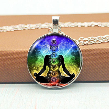 7pcs Yoga Necklace Set, Meditation Motif Necklace, Alloy Meditation Pendant, Seven Chakra Pendant