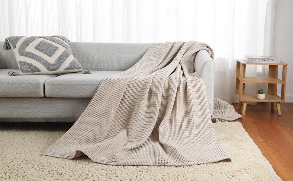 100% Cotton Waffle Blanket (Khaki - Twin Size - 66 * 90''), Pre-Washed and Anti-Shrinkage Soft Lightweight Bed & Couch Blanket, 380 GSM Waffle Weave Throw Blanket for All Seasons - color: Khaki, size: Twin (66"*90")