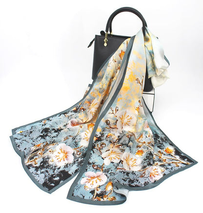 100% Mulberry Silk Long Scarf for Women Large Shawls for Headscarf and Neck- Oblong Hair Wraps with Gift Packed - color: Gold&blue