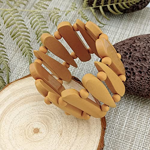 Wooden Bracelet Shaped Teardrop Bangle Strand Bracelet for Women Men(BR-1213-Yellow)