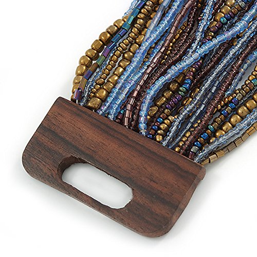 Avalaya Bronze/Light Blue/Purple/Peacock Glass Bead Multistrand Flex Bracelet With Wooden Closure - 19cm L