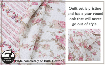 Cozy Line Home Fashions Romantic Pink Peony Floral 100% Cotton Reversible Quilt Bedding Set, Coverlet, Bedspread (Pink Peony, King - 3 Piece) - color: Pink Peony, size: King