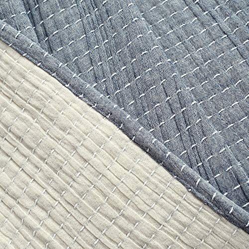 Lush Decor Solid Kantha Pick Stitch Cotton Throw Blanket 50" W x 60" L Navy & Off White - Blue Throw Blanket for Bed - Textured Soft Couch Blankets