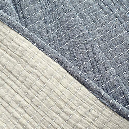 Lush Decor Solid Kantha Pick Stitch Cotton Throw Blanket 50" W x 60" L Navy & Off White - Blue Throw Blanket for Bed - Textured Soft Couch Blankets