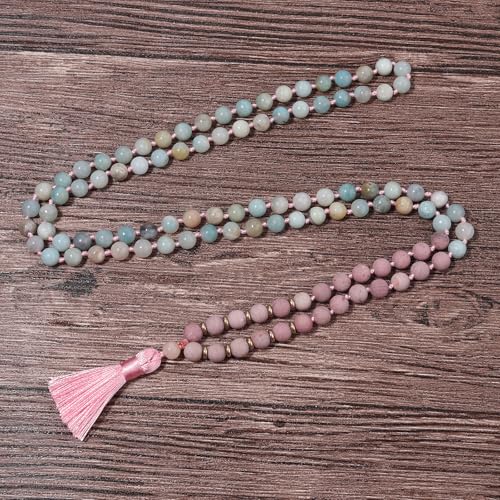 8MM Beads Chakra Long Mala Necklace Natural Stone Meditation Statement Necklace Japa Yoga Buddhist Rosary Prayer Charm Beaded Tassel Necklace - color: Matte Rhodonite