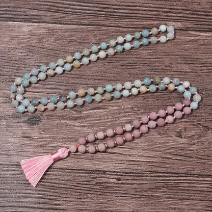 8MM Beads Chakra Long Mala Necklace Natural Stone Meditation Statement Necklace Japa Yoga Buddhist Rosary Prayer Charm Beaded Tassel Necklace - color: Matte Rhodonite