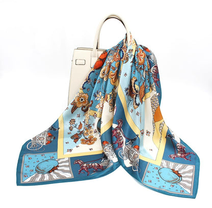 ANDANTINO 100% Pure Mulberry Silk Scarf 35" Large Square Lightweight Headscarf –Women’s Hair Wraps-With Gift Packed - color: Carriage&flowers-blue