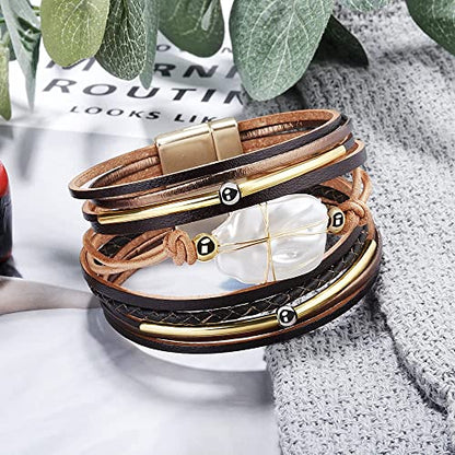 Fesciory Leather Wrap Bracelets for Women, Boho Leopard Multi-Layer Crystal Beads Cuff Bracelet Jewelry - color: Brown Leather(Pearl)