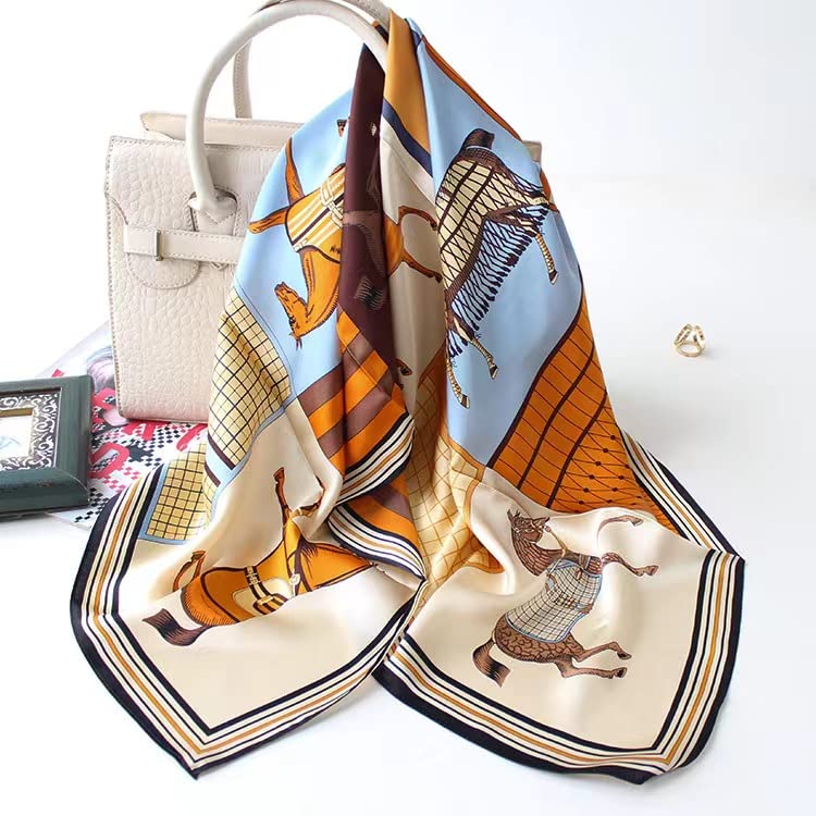 ANDANTINO 100% Pure Mulberry Silk Scarf 35" Large Square Lightweight Headscarf –Women’s Hair Wraps-With Gift Packed - color: Blue&brown Horses