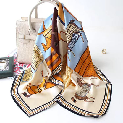 ANDANTINO 100% Pure Mulberry Silk Scarf 35" Large Square Lightweight Headscarf –Women’s Hair Wraps-With Gift Packed - color: Blue&brown Horses