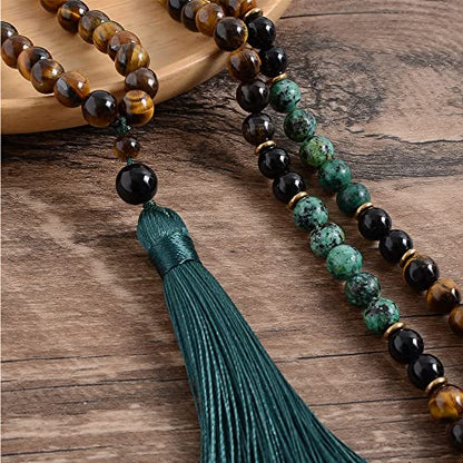 108 Mala Prayer Beads Necklace 8mm Natural Stones Meditation Yoga Jewelry Sets 108 Hand Made Japa Mala Beaded Long Tassel Necklace with Tassel Pendant for Men and Women - color: Tiger Eye+Black Onyx+African turquoise