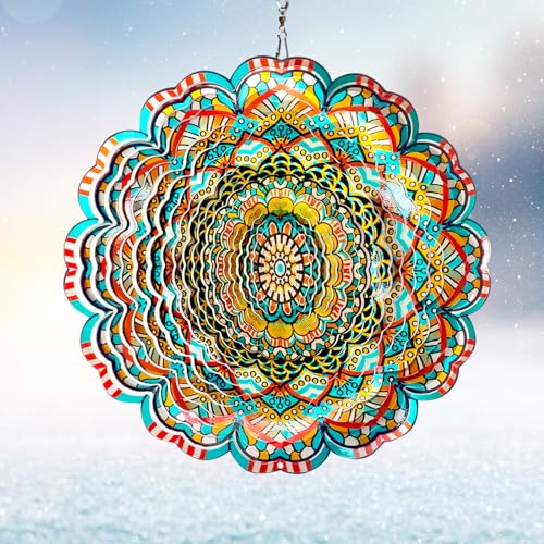 Mandala Wind Spinner - Lucky Star Design | 12-Inch Laser Cut Stainless Steel, Kinetic Hanging Wind Sculpture for Garden, Porch, Patio, Home | Outdoor 3D Metal Windcatcher & Yard Art - color: Mandala Lucky Star