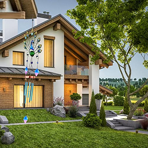 Pearlstar Solar Wind Chimes Outdoor, Gifts for Mom Women, 53.5" Large Metal Peacock Wind Chimes Light with Crackle Glass Ball, Waterproof for Garden Patio Yard Home Decor