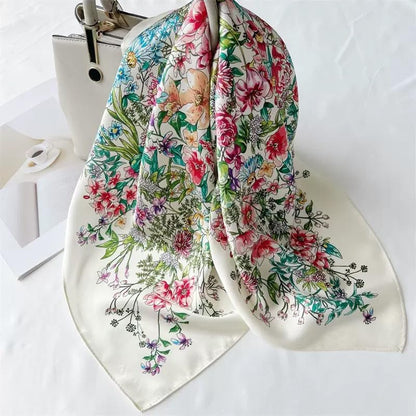 ANDANTINO 100% Pure Mulberry Silk Scarf 35" Large Square Lightweight Headscarf –Women’s Hair Wraps-With Gift Packed - color: Flowers-white-twill