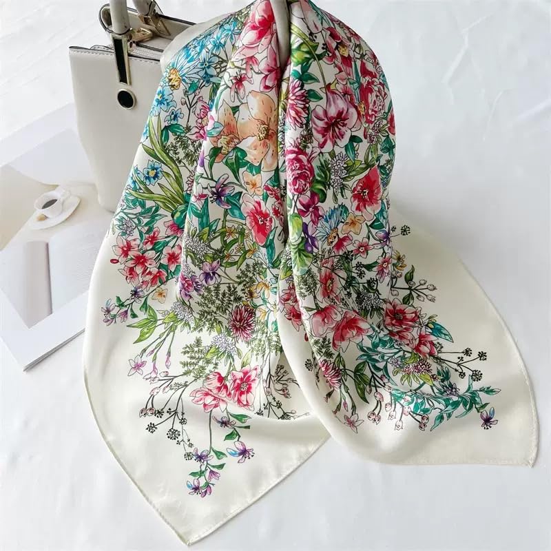 100% Pure Mulberry Silk Scarf 35" Large Square Lightweight Headscarf –Women’s Hair Wraps-With Gift Packed - color: Flowers-white-twill