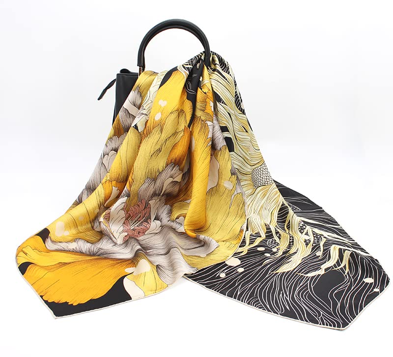 ANDANTINO 100% Silk Scarf 43" Large Square Lightweight Headscarf& Shawl–Women Hair Wraps-With Gift Packed - color: Black&gold