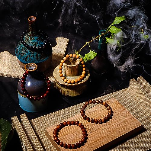 5Pcs Natural Wood Bracelets with Hematite Stone Cross Religious Tibetan Buddhist Christian Style