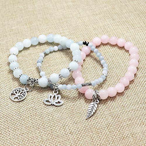 Tree of Life Yoga Healing Stone Bracelets,Multilayer Lotus Chakra Stone Reiki Bracelet Sets,Anxiety Crystal Natural Stone,for Women Stress Relief - style: Aquamarine + pink crystal