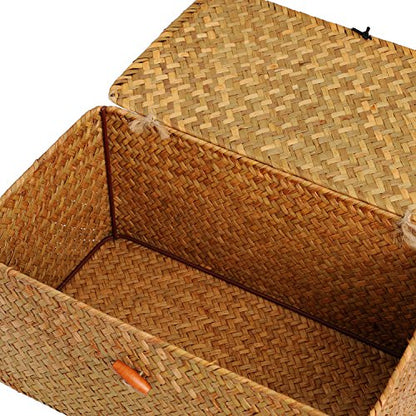 Rectangular Handwoven Seagrass Storage Basket with Lid for Shelves and Home Organizer Bin, (M (12"x7"x6"H), Natural) - size: M (12"x7"x6"H)