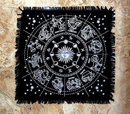 INDACORIFY Zodiac Constellation Altar Table Top Cloth with Fringes Alter Tarot Witchery Product Spread Spiritual Sacred Cloth 18x18 in (Silver Zodiac Constellation) - color: Silver Zodiac Constellation